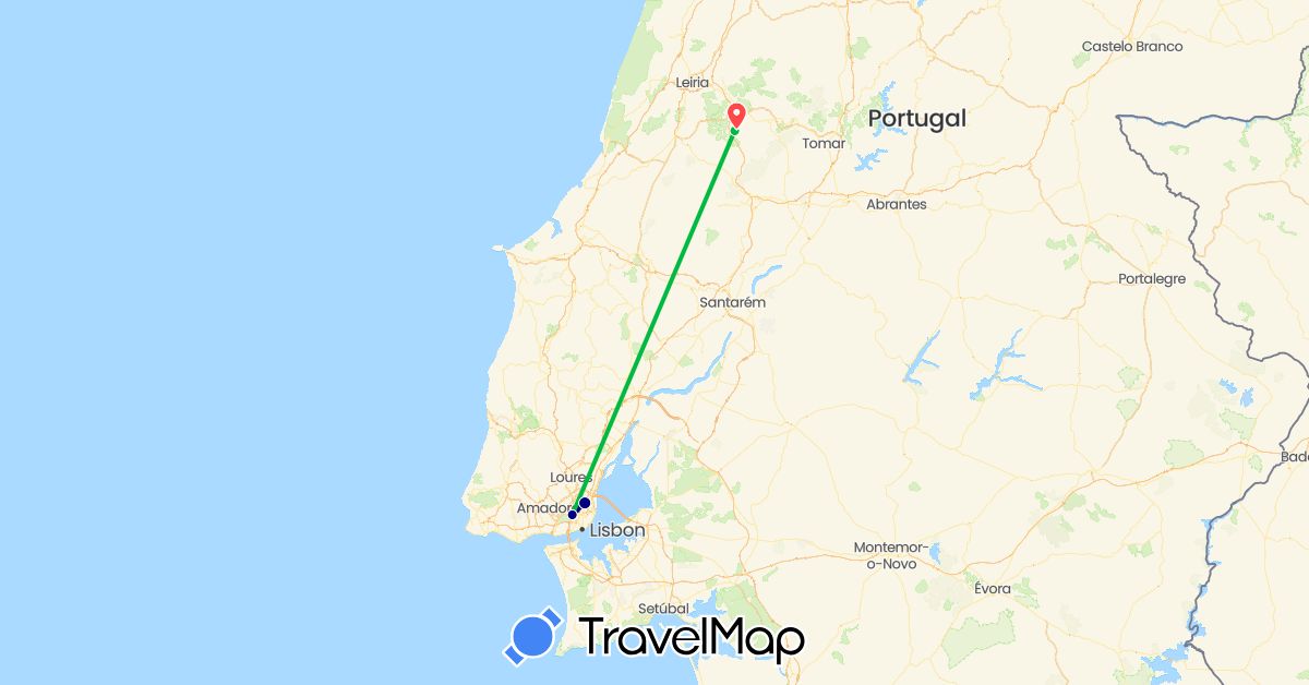TravelMap itinerary: driving, bus, plane, hiking in Portugal (Europe)